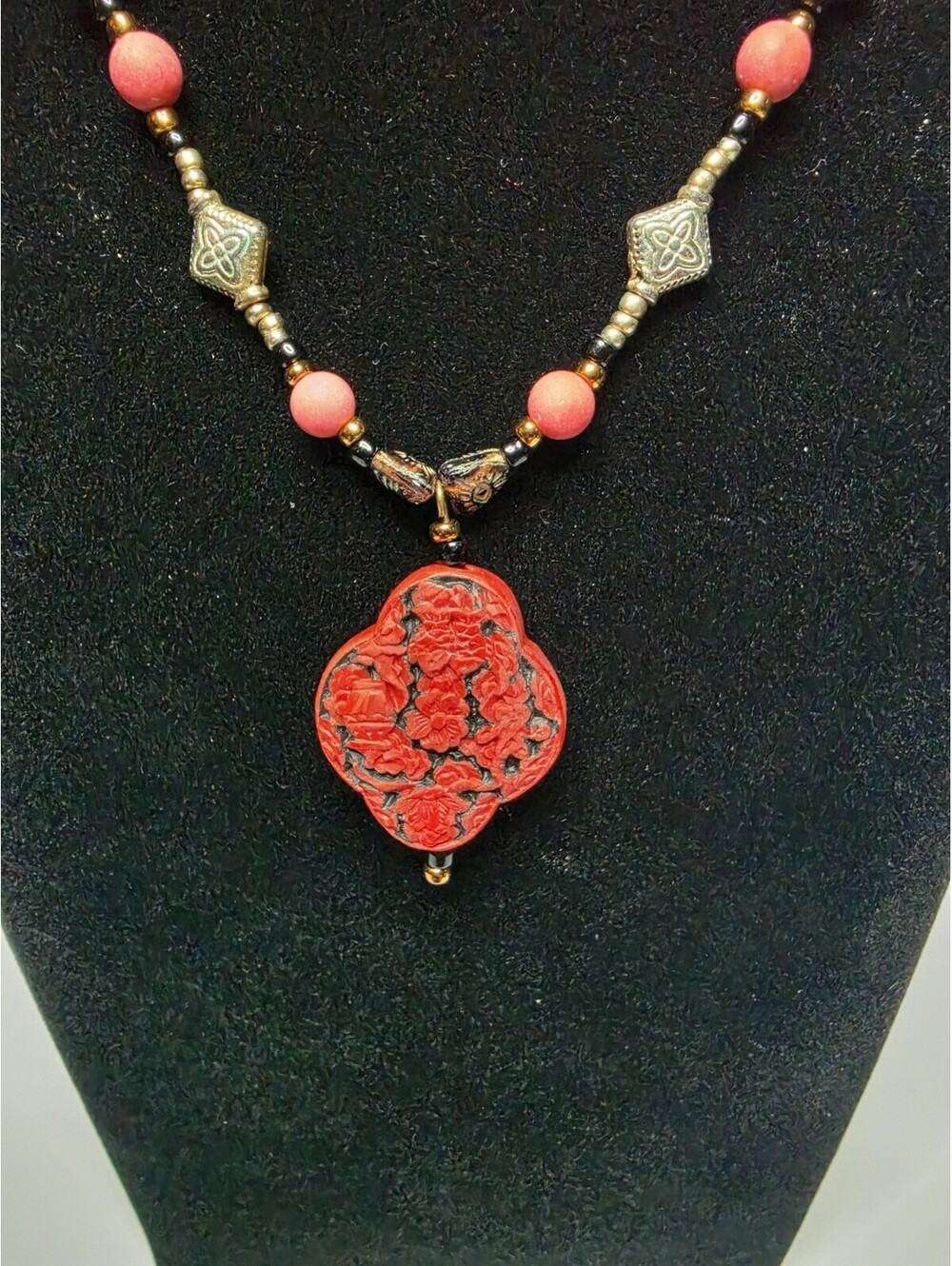 Vintage Asian Carved Cinnabar Pendant Bead Statement Necklace Red Black Gold 22"
